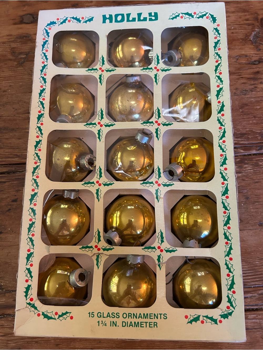 Holly Vintage Gold Glass Christmas Ornaments - Set of 15
